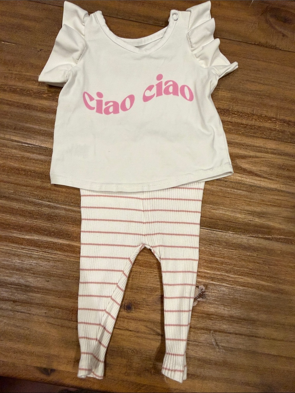 Tiny Tribe 6-9M “Ciao Ciao” Ruffle Sleeve Top with Striped Leggings Set